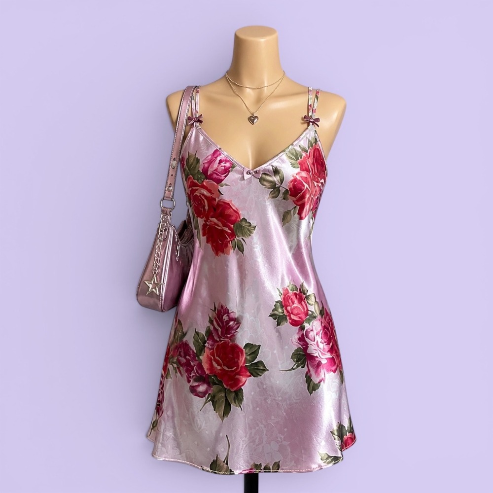Vintage 90s California Dynasty Pink Floral Satin Slip Dress Size Medium Coquette